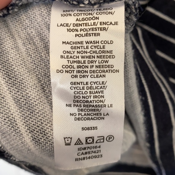 LOFT Navy & White Striped T-shirt Lace Sleeve - Picture 5 of 9